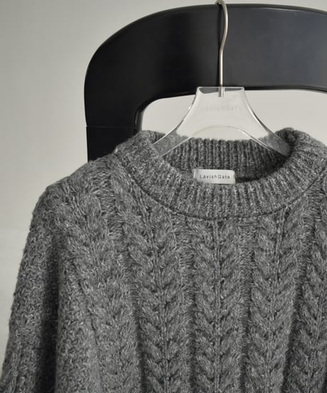 knit-02362　ミックスケーブルニットプルオーバー　グレー