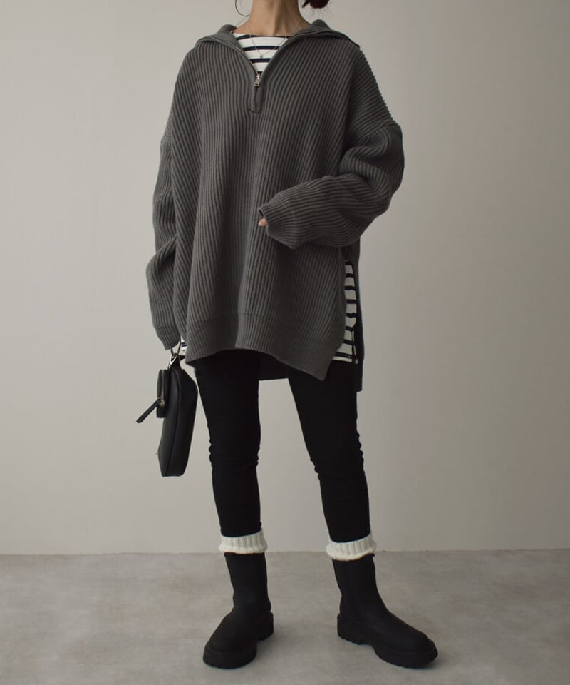 knit-02171 サイドスリット ハーフジップニット ベージュ knit-02171 サイドスリット ハーフジップニット ベージュ