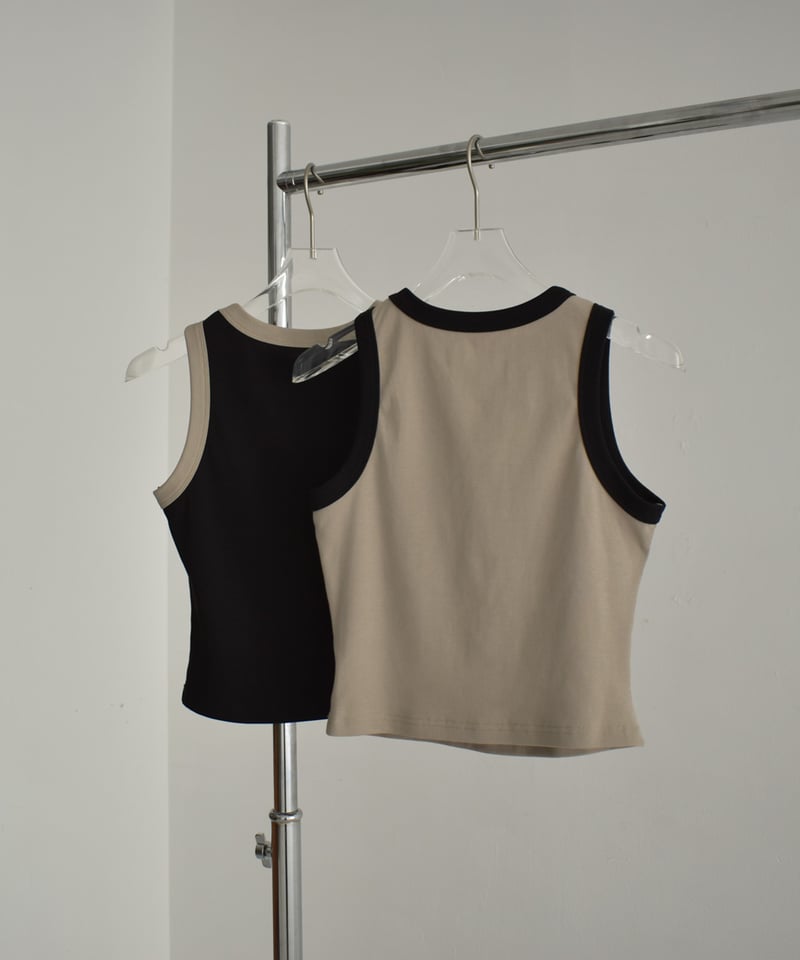 nh-tops-02561 バイカラー クロップド タンクトップ カーキベージュ