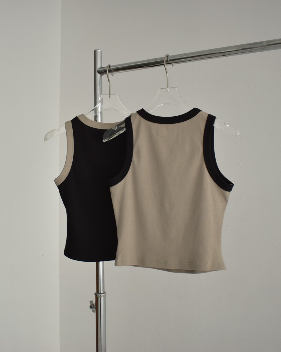nh-tops-02561 バイカラー クロップド タンクトップ カーキ