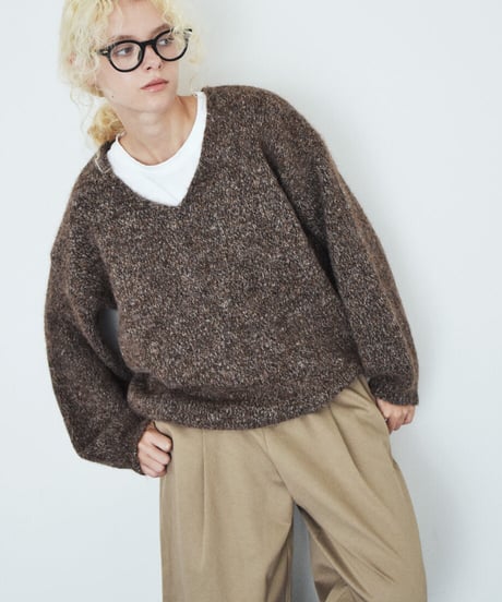 knit-02396　Vネック ボリューム ニット プルオーバー　ピンク　ベージュ　ブラウン　グレー