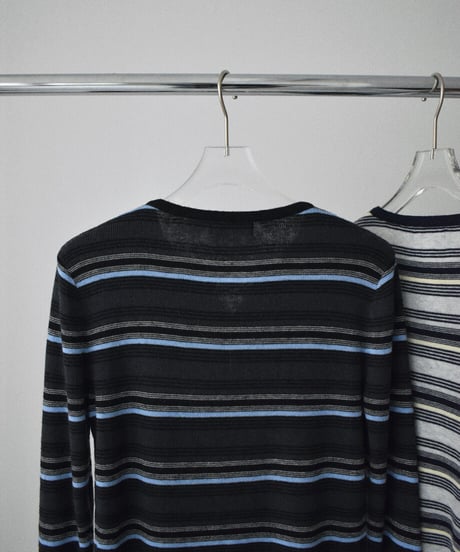 nh-knit-02394　マルチボーダー ヘンリーニットトップス　ライトグレー　チャコール