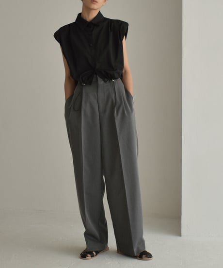 tops-02425　ショルダーパッド ドローストリング ブラウス 　ホワイト　ブラック