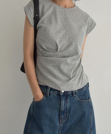 nh-tops-02562　タックデザイン Tシャツ　ホワイト　ダスティブルー　グレー　ブラック