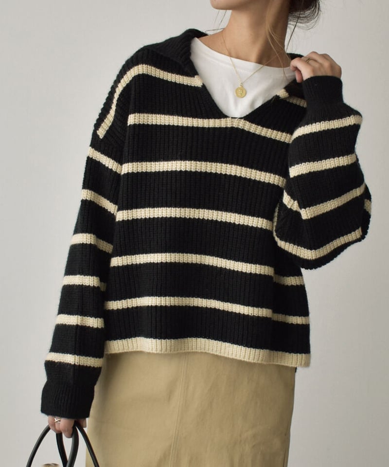 knit-02173 ボーダー セーラーニット エクリュ ブラック | L knit-02173 ボーダー セーラーニット エクリュ ブラック | L