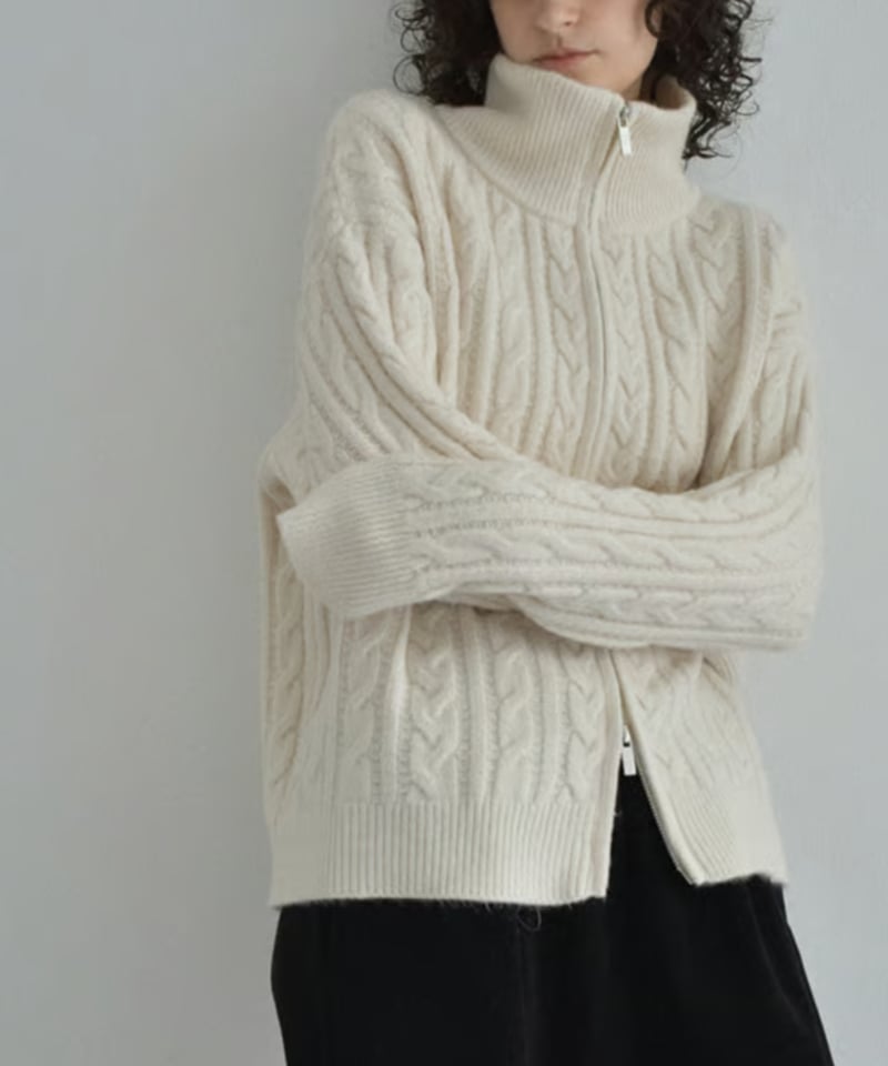 knit-02367 ダブルジップ ケーブル ニット エクリュ グレージュ