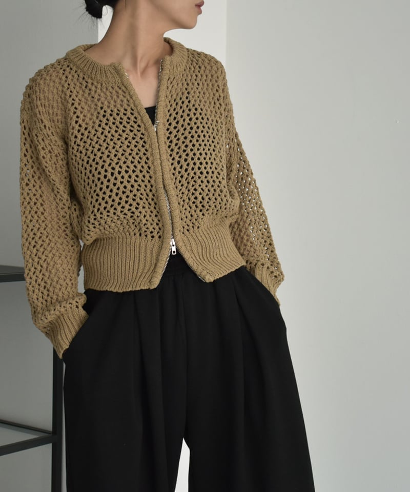 knit-02264 メッシュ ニット カーディガン モカ ブラック | L