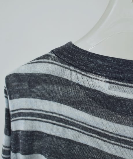 nh-knit-02384　リネン混 マルチボーダー ニット トップス　エクリュ　ブルー