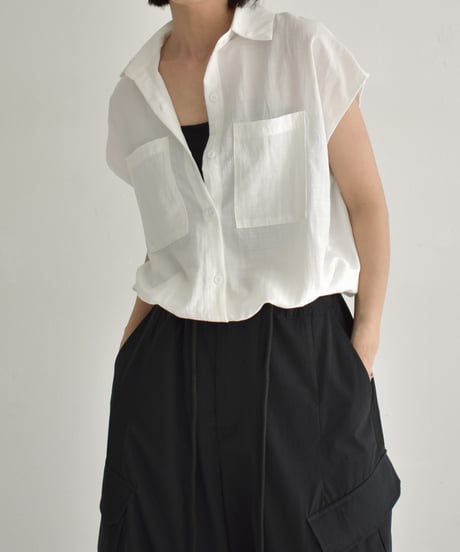 tops-02548　ドロストデザイン フレンチスリーブ シャツ　ホワイト　ベージュ　ブラック