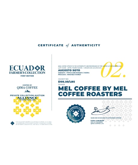 200g Ecuador Augosto Soto Typica Mejorado & Sidra Washed Honey Lot 4578