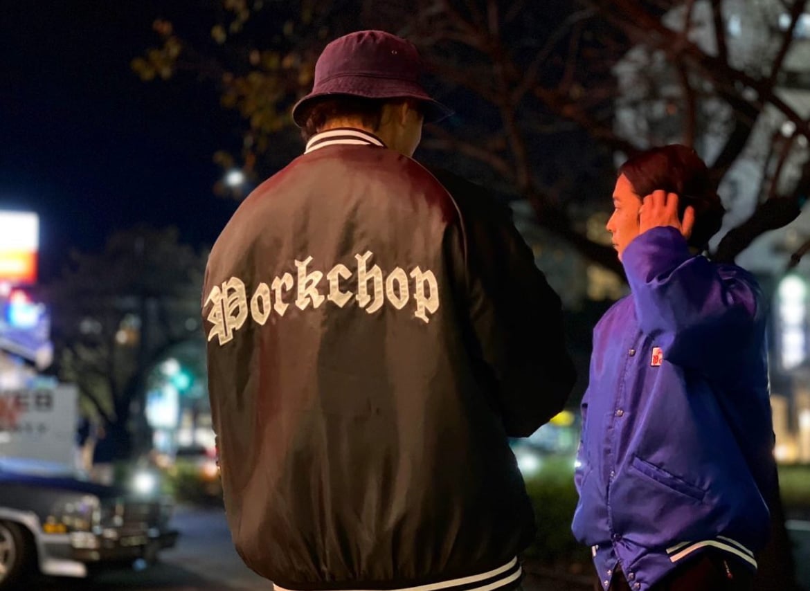 ジャケット・アウター PORK CHOP SATIN SPORTS JACKET BLACK PORKCHOP | SATIN SPORT JKT - Black ポークチョップ スタジャン