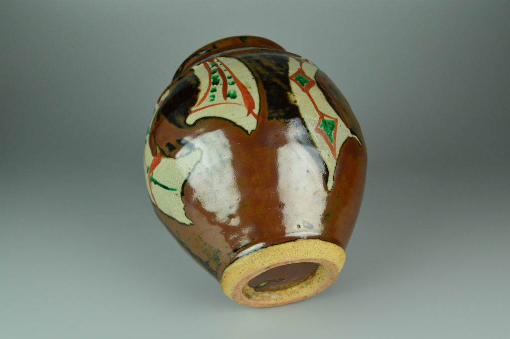 浜田庄司／柿釉指描八角花瓶／花入／共箱あり 浜田庄司(作) 鉄絵キビ文六角花生 花入 共箱 | 古美術ささき