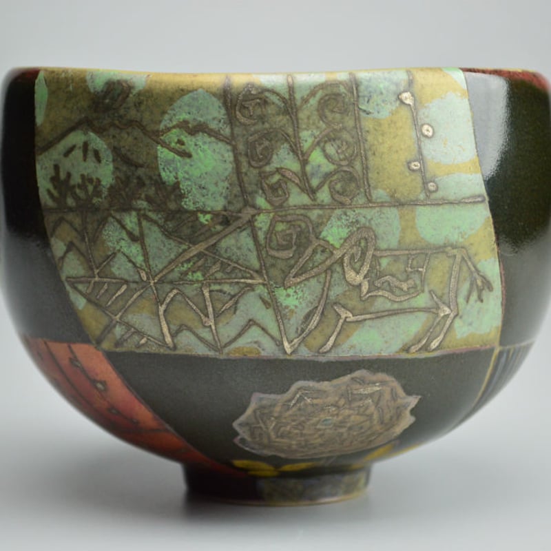 伊藤北斗　翡翠　陶版画　19.5×19㎝　タエサ　東な6-1230① 伊藤北斗 釉刻色絵金銀彩 面取ぐい呑 -Kingfisher- 幅6.8cm/高さ