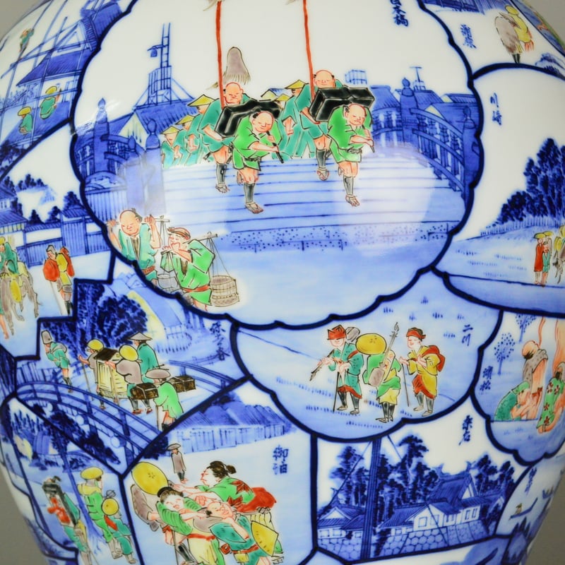 十三代 酒井田柿右衛門 染錦東海道五十三次浮世画花瓶 【お問い合わせ