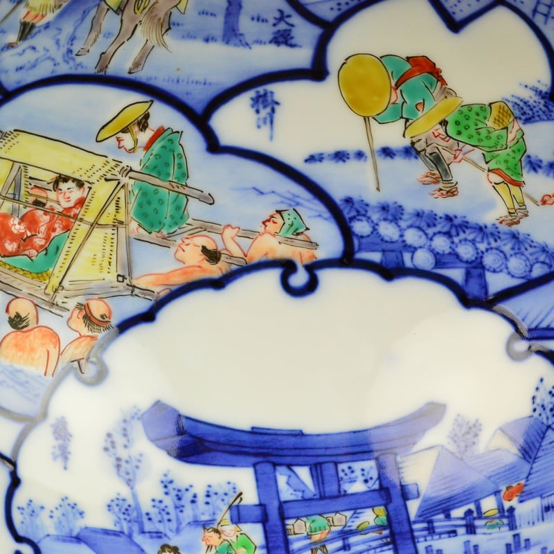 十三代 酒井田柿右衛門 染錦東海道五十三次浮世画花瓶 【お問い合わせ