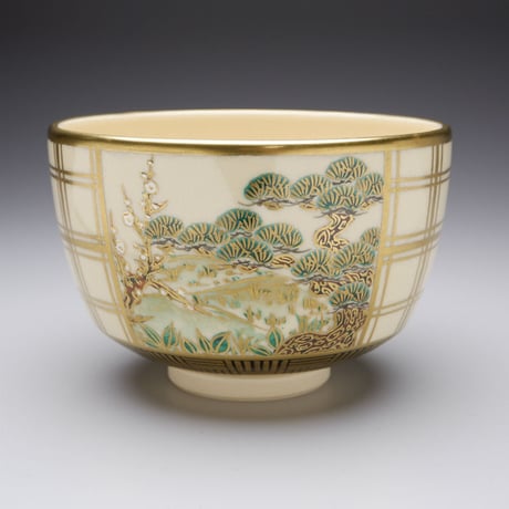 杉田祥平　清閑寺窯　色絵窓外の景画茶盌