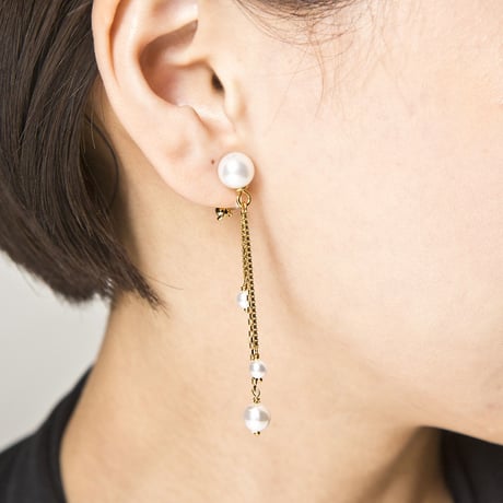 【イヤリング】リバーシブルパールチェーンノンホールピアス