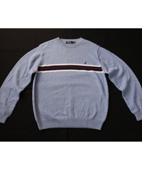 【古着】NAUTICA STRIPE KNIT SWEATER Light Blue Size M