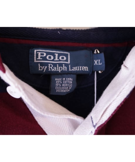 【古着】POLO RALPH LAUREN BORDER HOODIE Navy/Burgundy Size XL