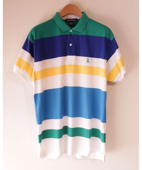 【古着】NAUTICA BORDER POLO SHIRT Green/Blue/Yellow/White Size L