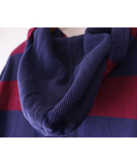 【古着】POLO RALPH LAUREN BORDER HOODIE Navy/Burgundy Size XL