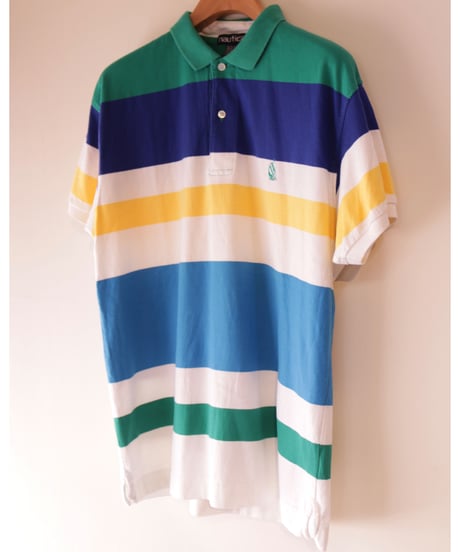 【古着】NAUTICA BORDER POLO SHIRT Green/Blue/Yellow/White Size L