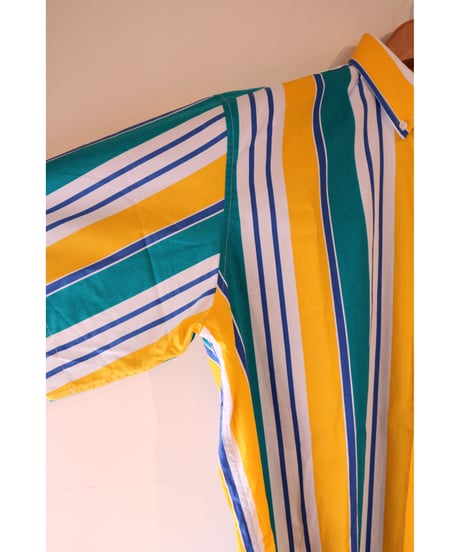 【古着】TWICKERS STRIPE SHIRT Yellow/Green/Blue/White Size L