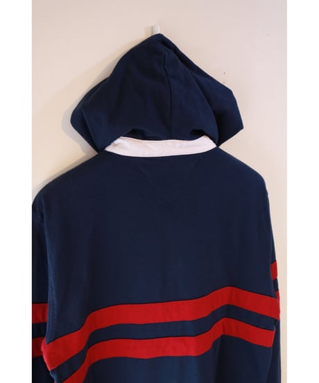【古着】TOMMY HILFIGER BORDER HOODIE Navy/Red Size M