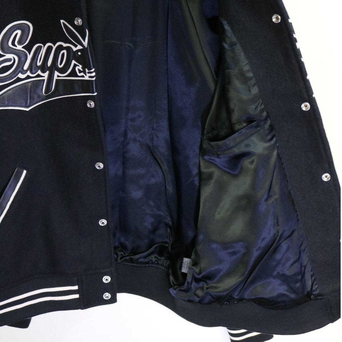 Supreme×プレイボーイ ブラック ナイロンジャケット L SUPREME x Playboy FW17 Wool Varsity Jacket Blac