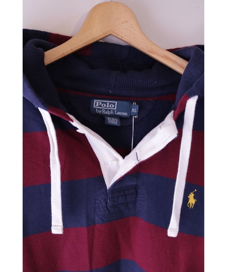 【古着】POLO RALPH LAUREN BORDER HOODIE Navy/Burgundy Size XL