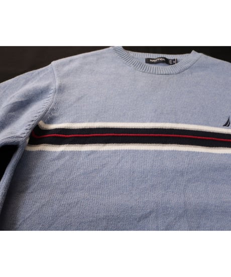 【古着】NAUTICA STRIPE KNIT SWEATER Light Blue Size M