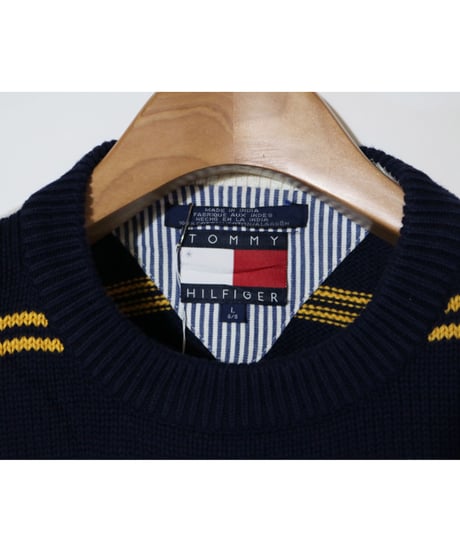 【古着】TOMMY HILFIGER KNIT SWEATER Navy/Yellow/White Size L