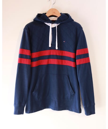 【古着】TOMMY HILFIGER BORDER HOODIE Navy/Red Size M