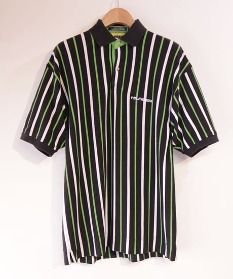 【古着】TOMMY HILFIGER ポロシャツ ストライプ Black/Green Size M