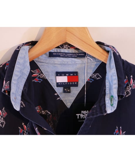 【古着】TOMMY HILFIGER ALL OVER EMBLEM BD SHIRTS Navy Size M