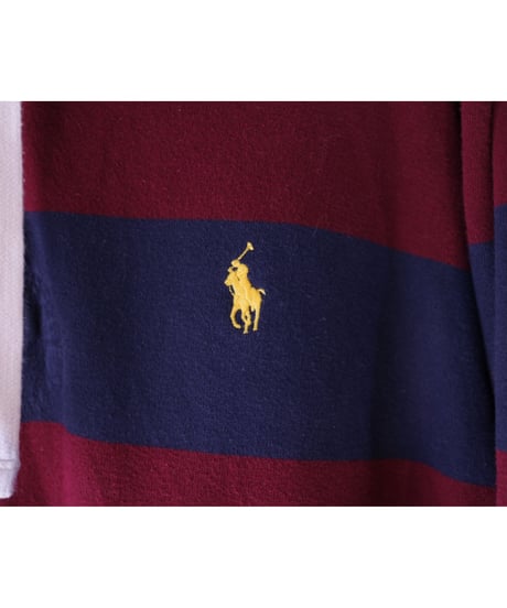 【古着】POLO RALPH LAUREN BORDER HOODIE Navy/Burgundy Size XL