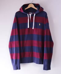 【古着】POLO RALPH LAUREN BORDER HOODIE Navy/Burgundy Size XL