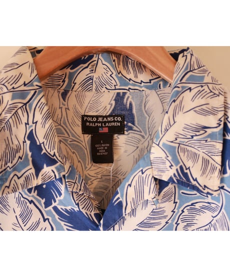 【古着】POLO RALPH LAUREN LEAF ALOHA SHIRT White/Blue Size L