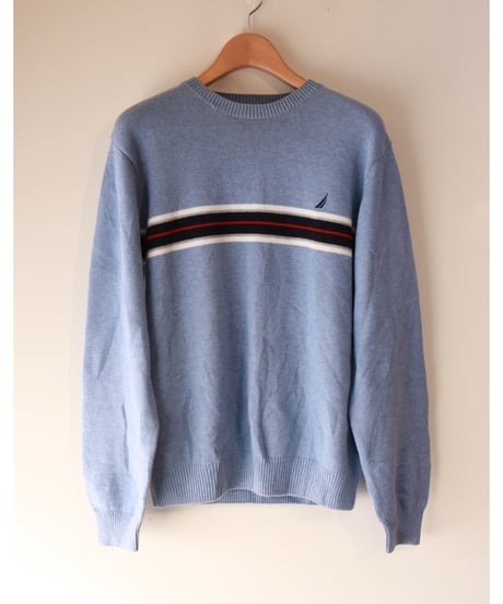 【古着】NAUTICA STRIPE KNIT SWEATER Light Blue Size M