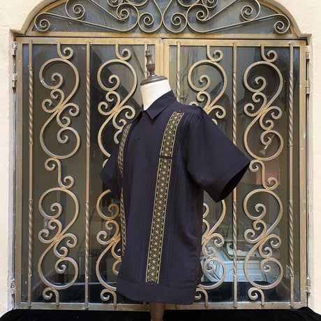 【半袖】【麻の葉柄】【 ESGS-10S-BG】【 S/S GUAYAMISA ASA 】【BLACKxGOLD】 【黒x金】