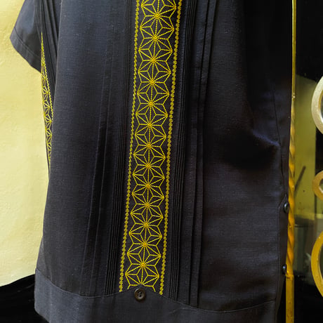 【半袖】【麻の葉柄】【 ESGS-10S-BG】【 S/S GUAYAMISA ASA 】【BLACKxGOLD】 【黒x金】
