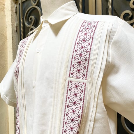 【半袖】【麻の葉柄】【 ESGS-10S-OFBU】【 S/S GUAYAMISA ASA 】【OFF WHITExBURGUNDY】
