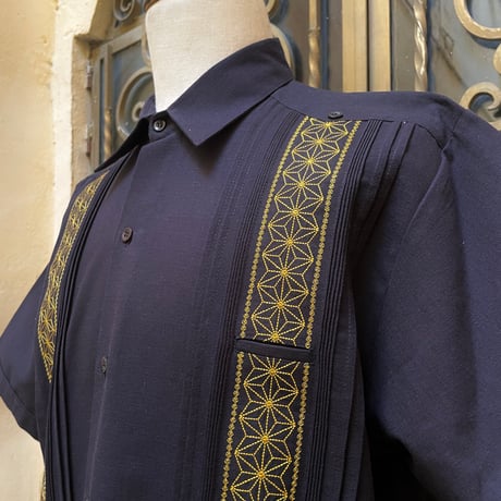 【半袖】【麻の葉柄】【 ESGS-10S-BG】【 S/S GUAYAMISA ASA 】【BLACKxGOLD】 【黒x金】