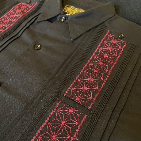 【長袖】【麻の葉柄】【 ESGS-10L-BBU】【 L/S GUAYAMISA ASA 】【BLACKxBURGUNDY】 【黒x臙脂色】