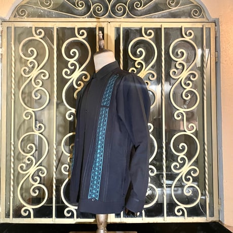 【長袖】【麻の葉柄】【 ESGS-10L-BJA】【 L/S GUAYAMISA ASA 】【BLACKxJADE】 【黒x翡翠】