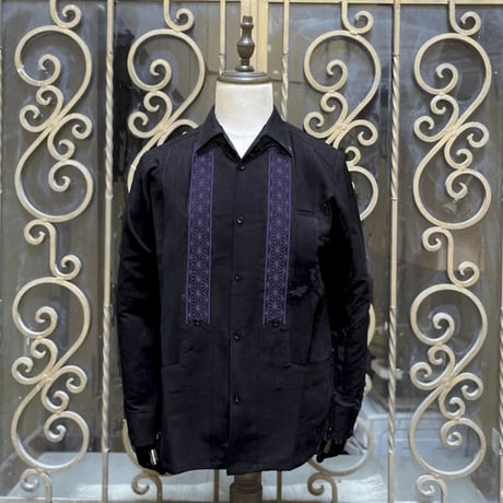 【2027年7月31日までにお届け】【受注生産】【長袖】【ESGS-04L-BPU】【L/S GUAYABERA】【REJILLADA ASA】【麻の葉柄】【BLACKxPURPLE】【黒x紫】