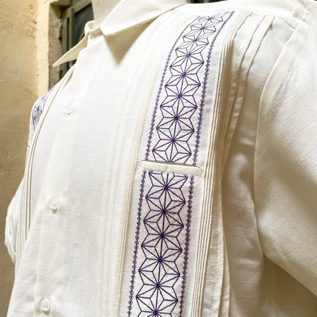 【半袖】【麻の葉柄】【 ESGS-10S-OFPU】【 S/S GUAYAMISA ASA 】【OFF WHITExPURPLE】 【オフホワイト紫】