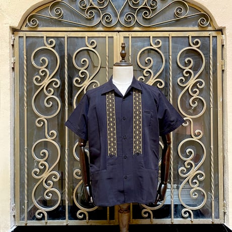 【2027年7月31日までにお届け】【受注生産】【半袖】【 ESGS-04S-BG 】【 S/S GUAYABERA 】【 REJILLADA ASA 】【麻の葉柄】【BLACK x GOLD】