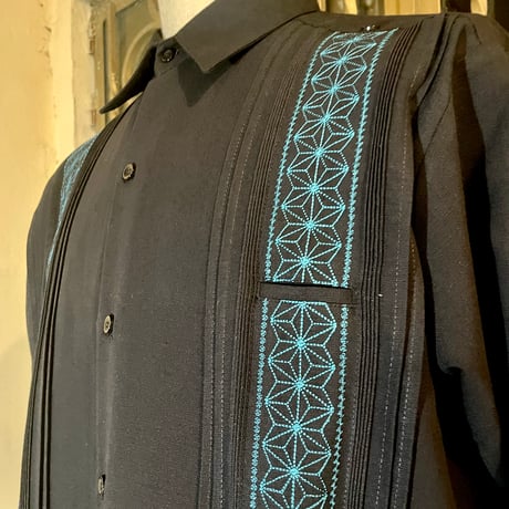 【長袖】【麻の葉柄】【 ESGS-10L-BJA】【 L/S GUAYAMISA ASA 】【BLACKxJADE】 【黒x翡翠】