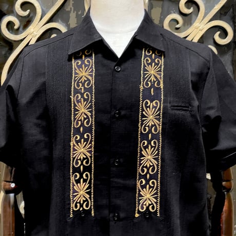 【予約商品】【 半袖 】【 ESG-01S-BG 】【 S/S GUAYABERA 】【 REJILLADA 】【 BLACK x GOLD 】【 黒 x 金 】